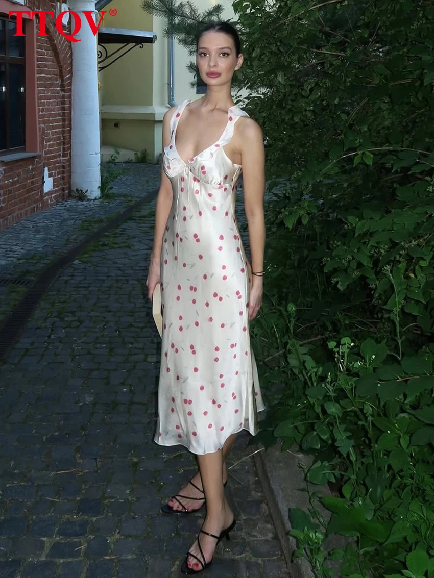 

TTQV Sexy Loose Print Womens Dresses 2026 Summer V-Neck Sleeveless Midi Dress Elegant Classic Lace-Up Female Dress Streetwear