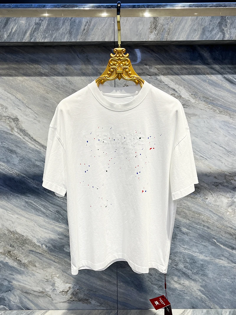 

Летняя мужская футболка 2025 года с коротким рукавом, европейский свободный крой, с индивидуальным принтом и эффектом окрашивания, повседневный топ с круглым вырезом