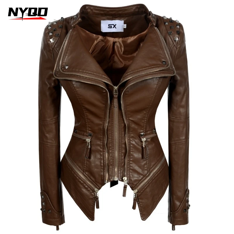 Women Gothic Punk Motorcycle Jacket Print Rivet Washed Faux Leather Coat Slim Fit Waist Irregular Hem Zipper Biker Outerwear