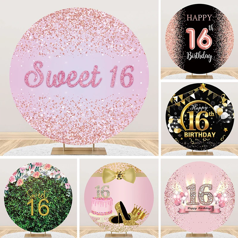 

Sweet 16 Years Round Backdrop Cover Girls 16th Birthday Party Pink Flowers Glitter Diamond Sequin Decor Circle Photo Background