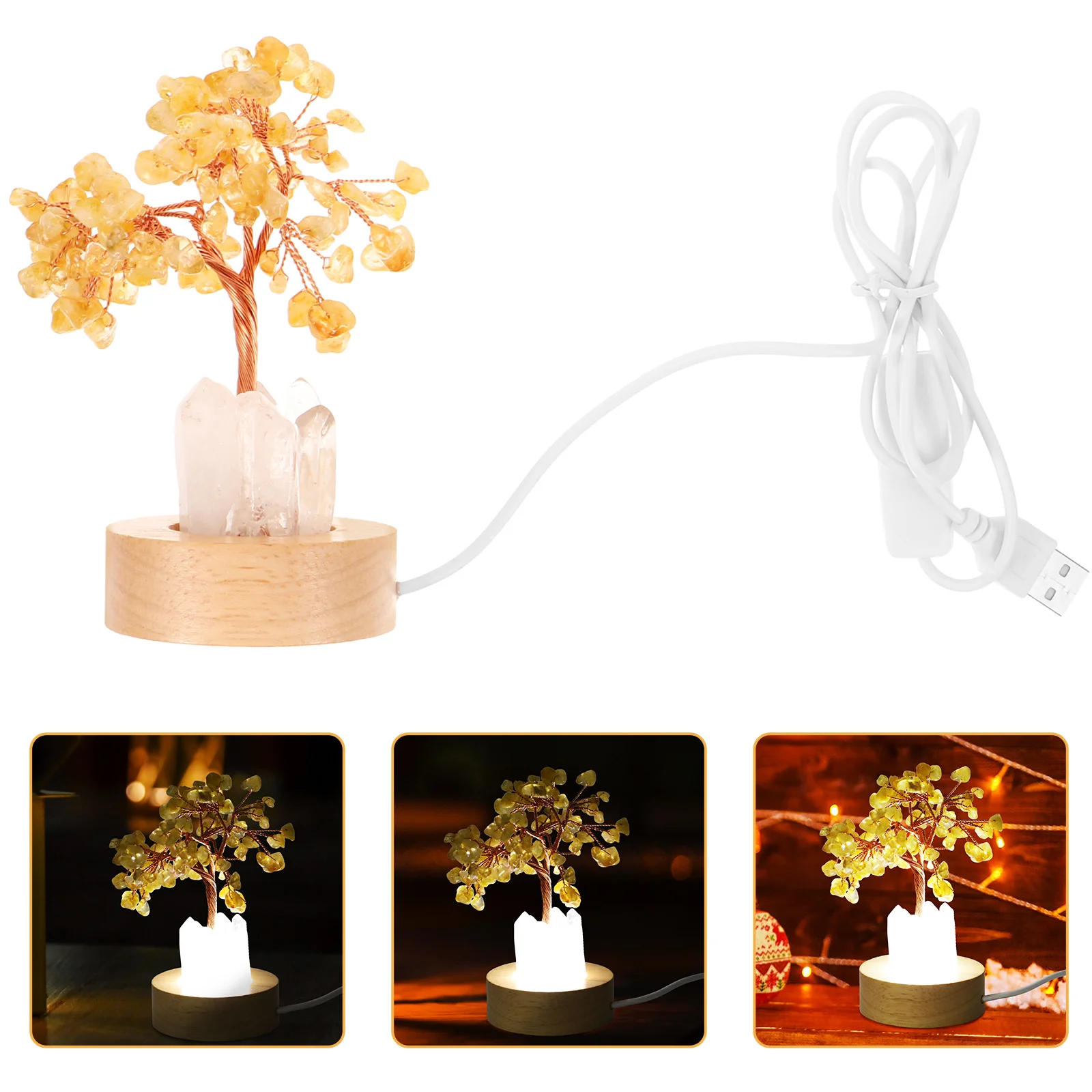 شجرة كريستال صفراء ضوء ليلي قاعدة خشبية مصباح طاولة صغير لغرفة النوم ديكور مكتب منضدة جمالية إضاءة كريستال #6