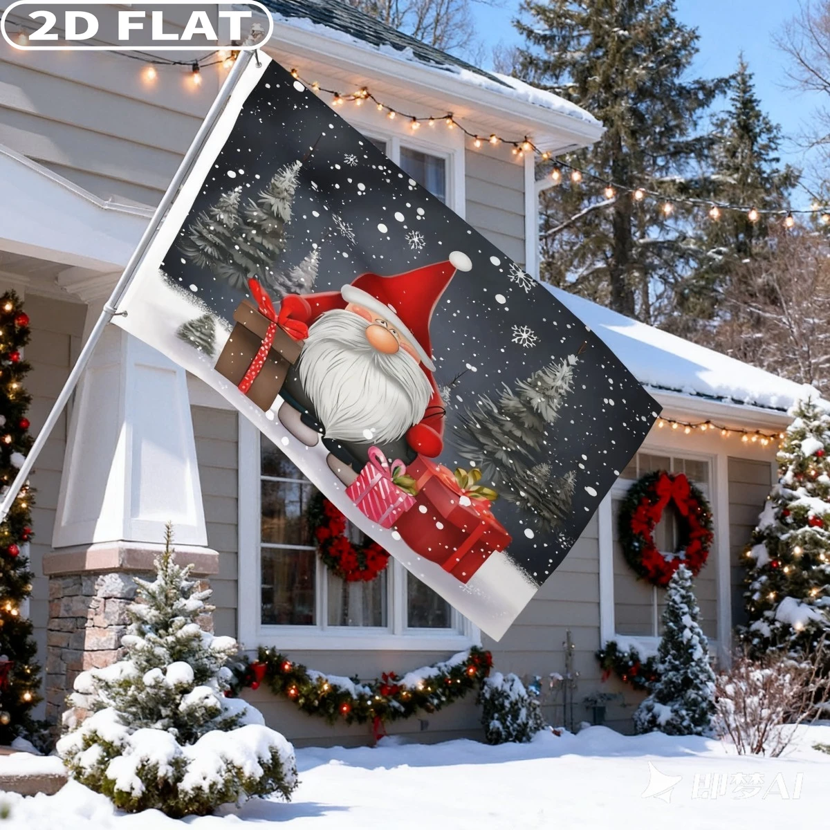 1pc Merry Christmas Gnome Xmas Gifts Snowflakes Flag, 3x5Ft Polyester Banner with Grommets, Garden Yard House Flags