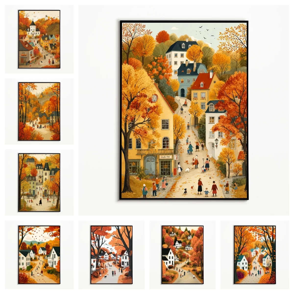 1PC  Autumn Harvest Mountain Path Poster European Town Maple Leaf Autumn Scenery Wall Art Thanksgiving Frameless Canvas Print