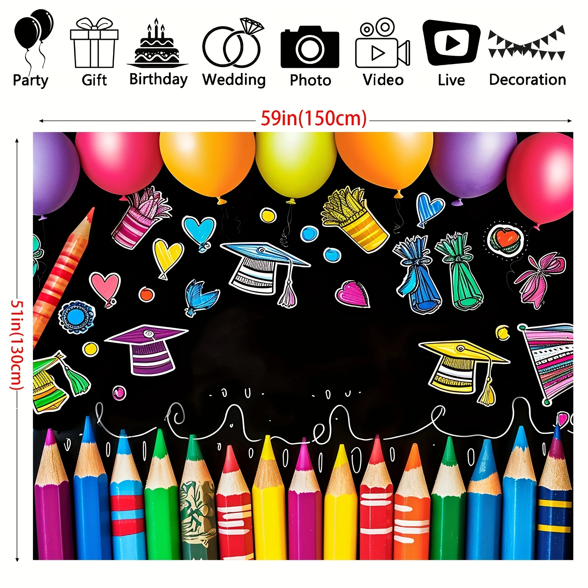 Colorful Crayon Pattern First Day Of School Backdrop-Polyester Banner For Classroom & Graduation Party Decor, Indoor/Outdoor Use