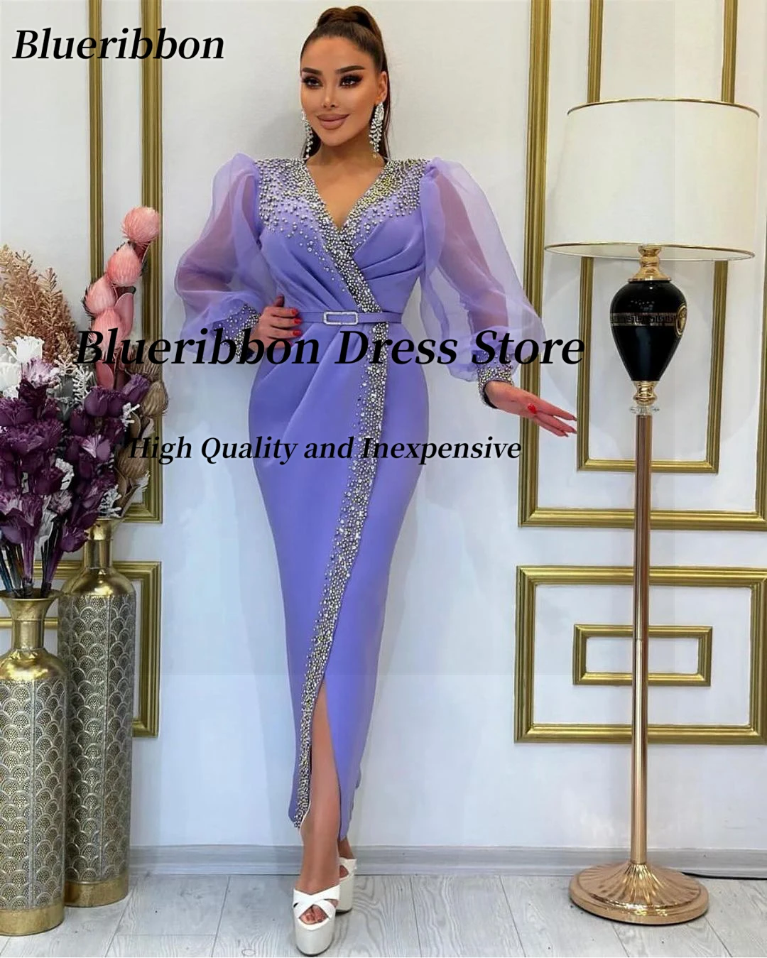 Blueribbon Handmade Beaded Luxury Prom Dresses with Sash Long Sleeves Evening Gowns Saudi Arabia Women Side Slit Formal Dress