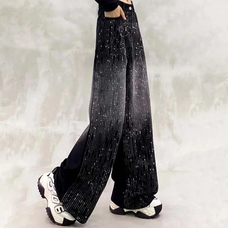 Herbst Winter Neue Retro Casual Farbverlauf blockiert Glänzende Heißer Präge design Jeans Hohe taille Gerade bein Breite bein hosen