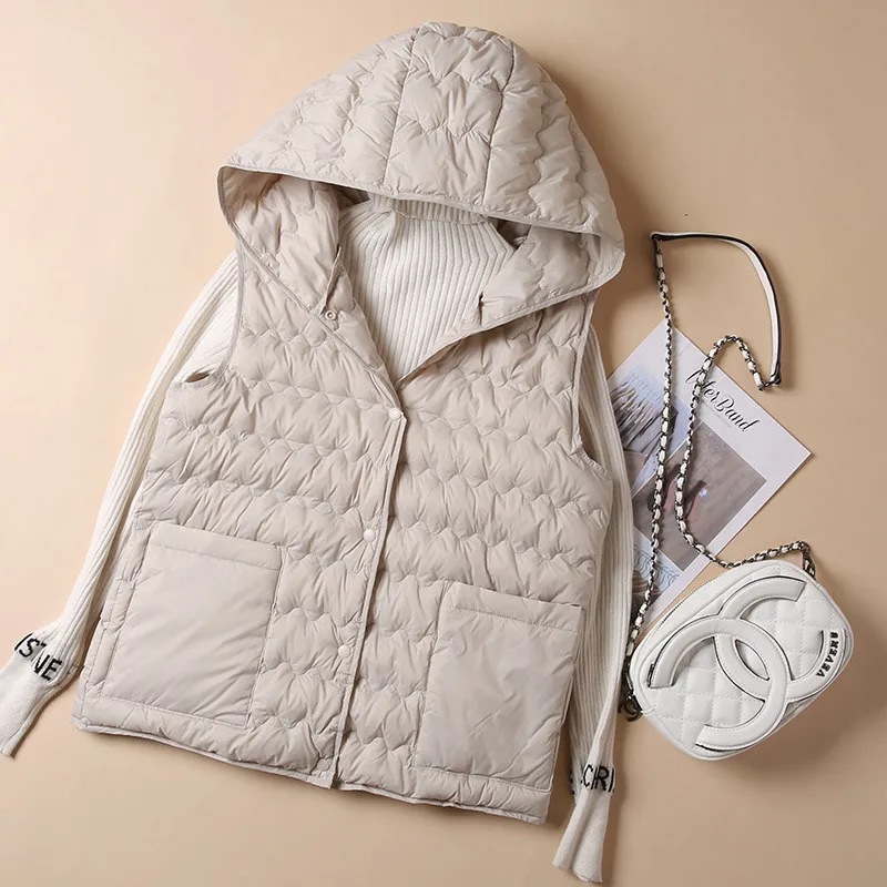 2025 Autumn Winter Women Down Waistcoat Slim Light Thin White Duck Down Vest Female Warm Sleeveless Hooded Coat Parka Short Tops