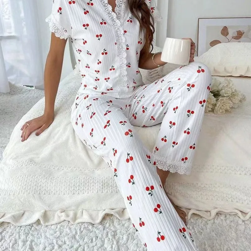 Neue Damen Sommer-Spitzen-Pyjamas mit V-Ausschnitt, Mädchen Studenten Lange Hosen Kurzarm Damen Casual Homewear Set Hauskleidung Damen Auch für Draußen