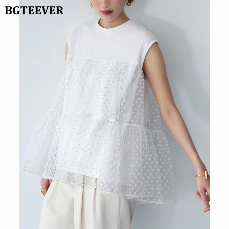 

BGTEEVER Stylish O-neck Female Dots Printed Shirts Summer Loose Patchwork Women Blouses Tops