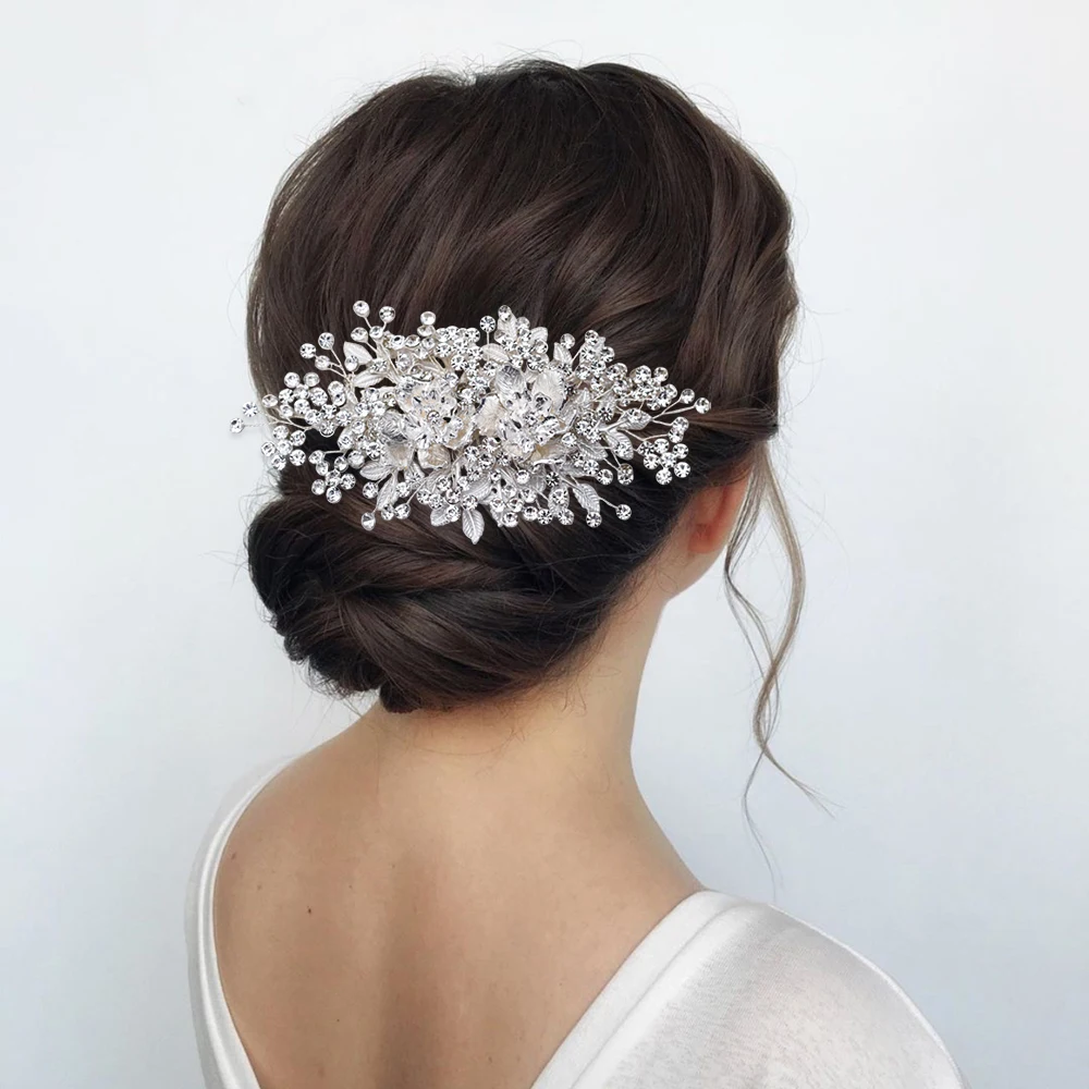 Flower U Shaped Hairpin & Hair Comb For Brides Wedding Jewelry Set Rhinestone Hair Decoration Silver Color Hair Clip Woman Deco