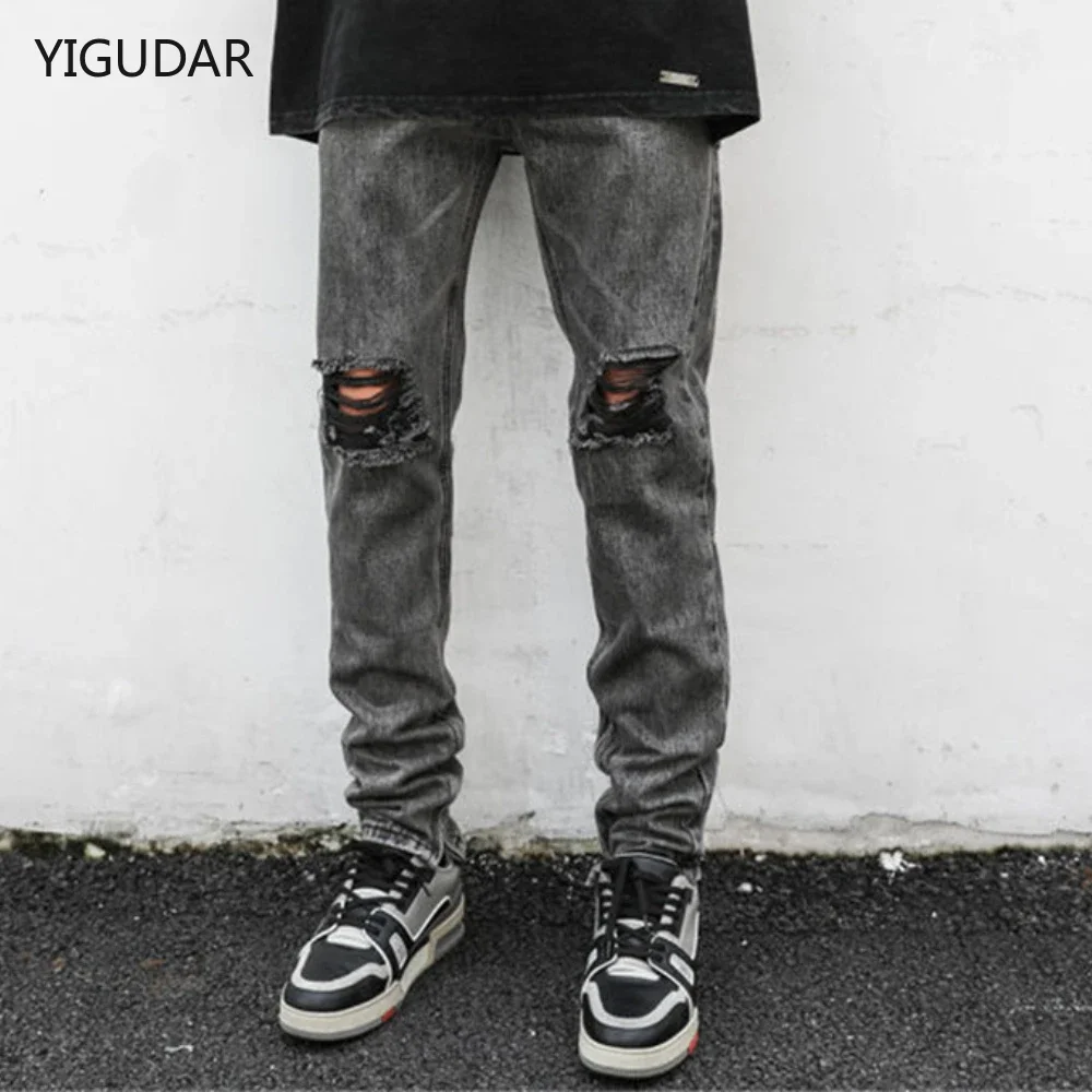 

Skinny Jeans Men Ripped Slim Fit Denim Pants Gray Stretch Distressed Patchwork Hip Hop Streetwear Men's Clothing Moto Jeans Man