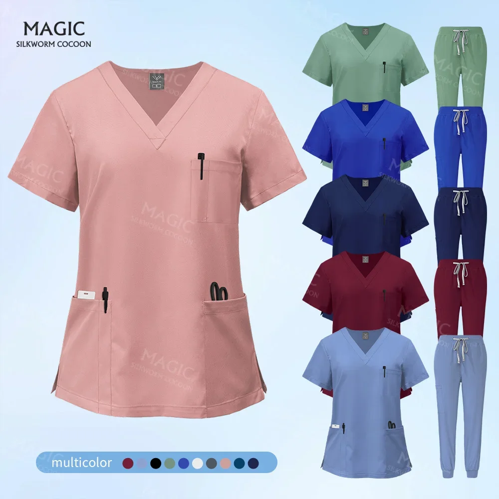 

Nurse Uniform Women Short Sleeved V-neck Scrub Tops Jogger Pant Pharmacy Working Clothes Medical Hospital Doctor Nursing Uniform