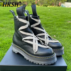 HKSH RO Style Cross Strap Boots Men's And Women's Side Zipper Heads Layered Cowhide Round Toe Height Increasing Chic Tide HK2229