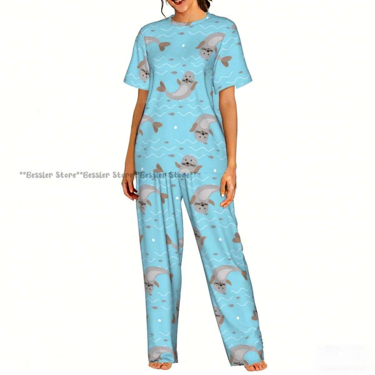 

Women's 2-piece set Cute Seal Animal Pajamas Short sleeved Top and Pants Sleepwear