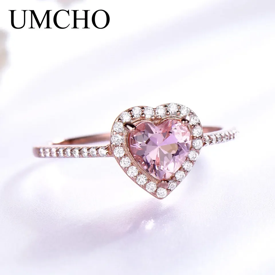 UMCHO Pink Morganite Rings for Women 925 Sterling Silver Ring Heart Engagement Wedding Band Valentine\'s Day gift Fine Jewelry