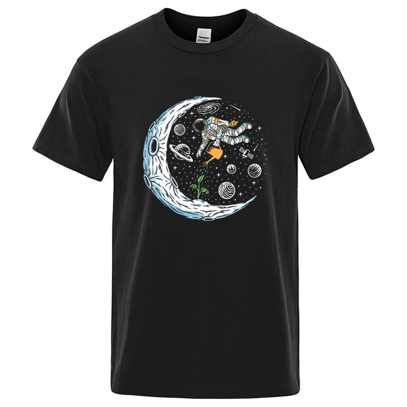 Camiseta Masculina de Verão em Algodão com Estampa Divertida de Astronauta, Gola Redonda, Solta, Manga Curta