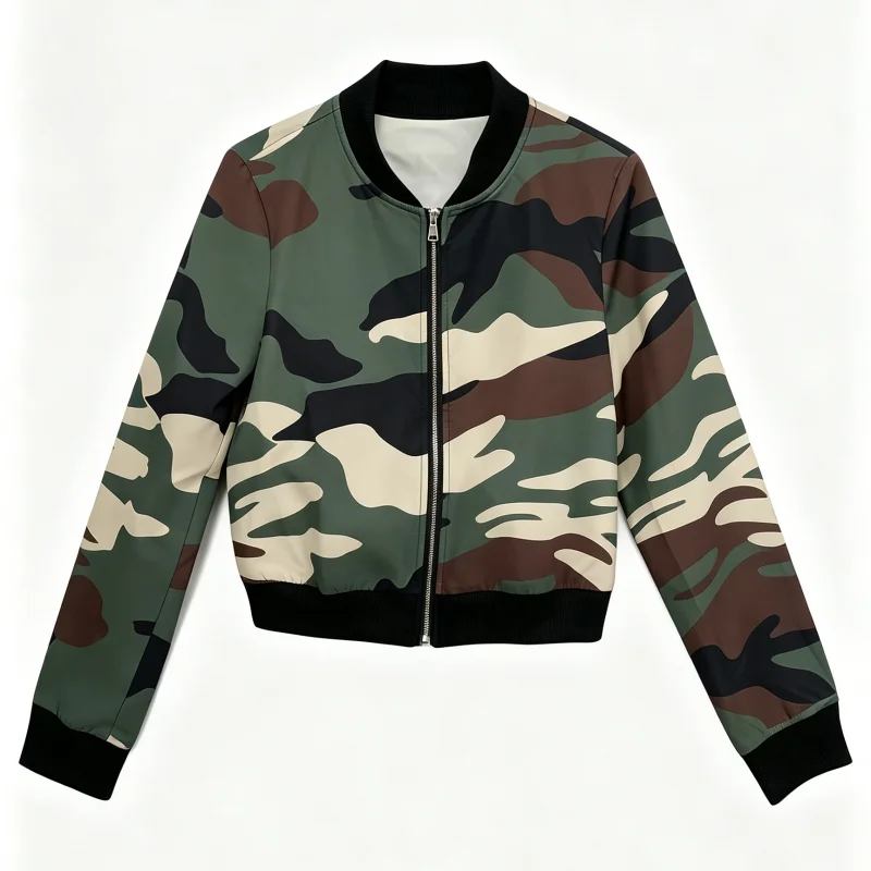 Damen Camo Bomberjacke, kurz geschnitten, Stehkragen, lange Ärmel, Camouflage-Print, Oberbekleidung für Streetwear, tägliche Pendelreisen, Freizeitoutfit – Detail 7