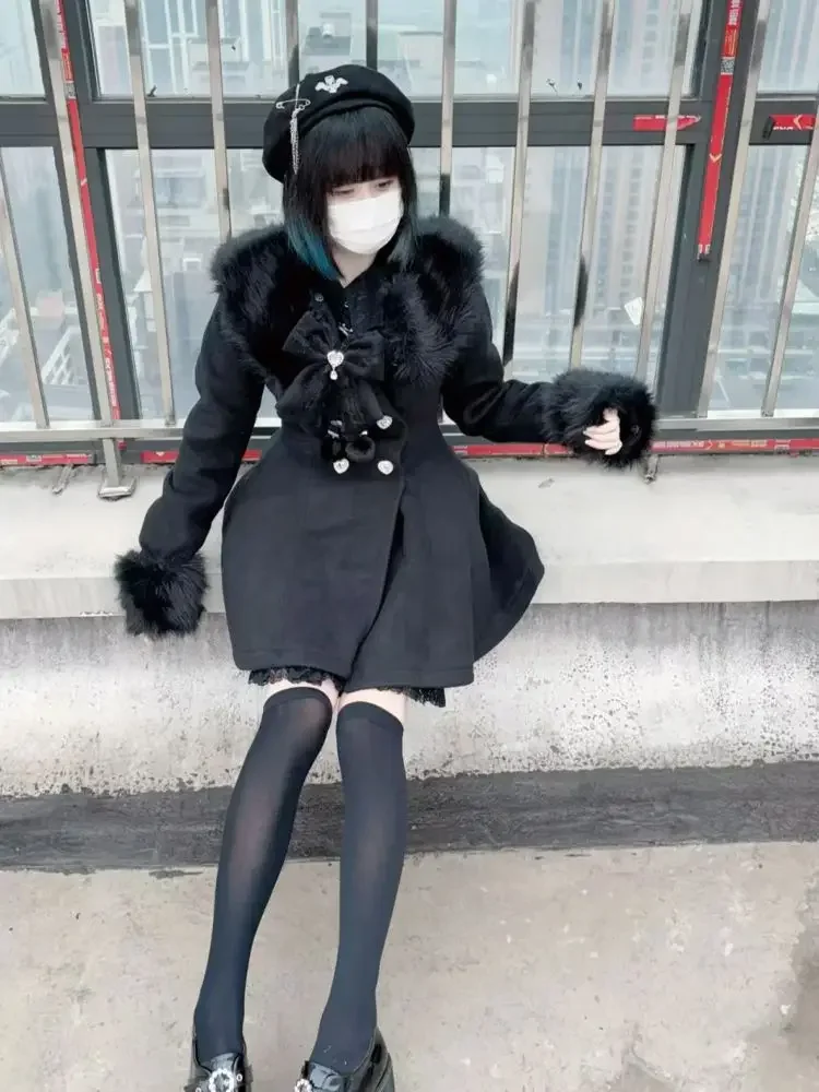 Płaszcz z kokardą, pluszowy, dopasowany, damski, w stylu koreańskim, ciepły, uroczy płaszcz, jesienno-zimowy, japoński, kawaii, lolita, wełniany, słodki.