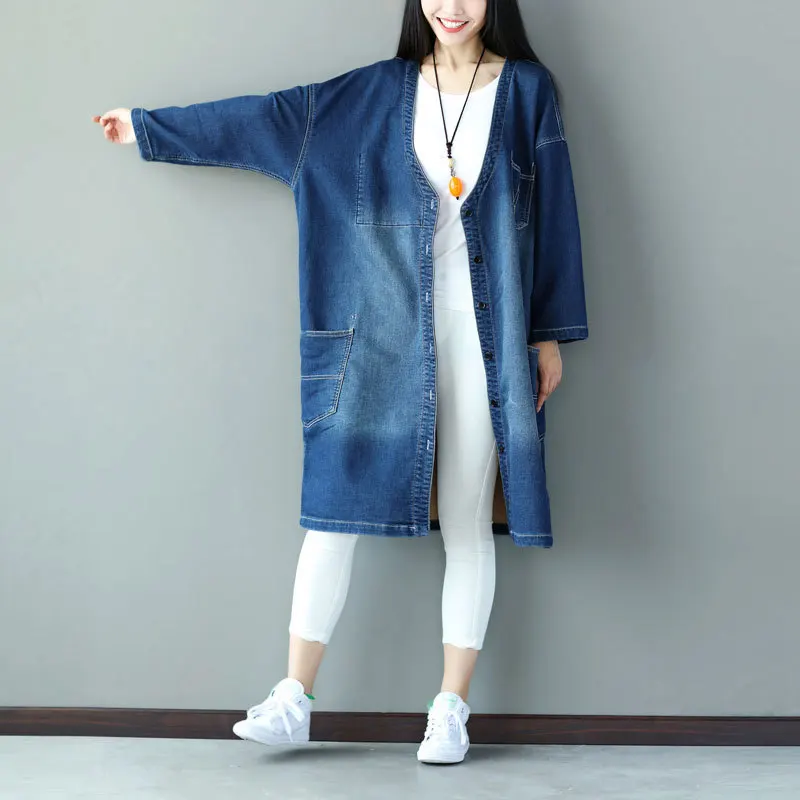 2025 female new autumn and winter  plus size washed do old patchwork printing cardigan loose long section outerwear denim trench