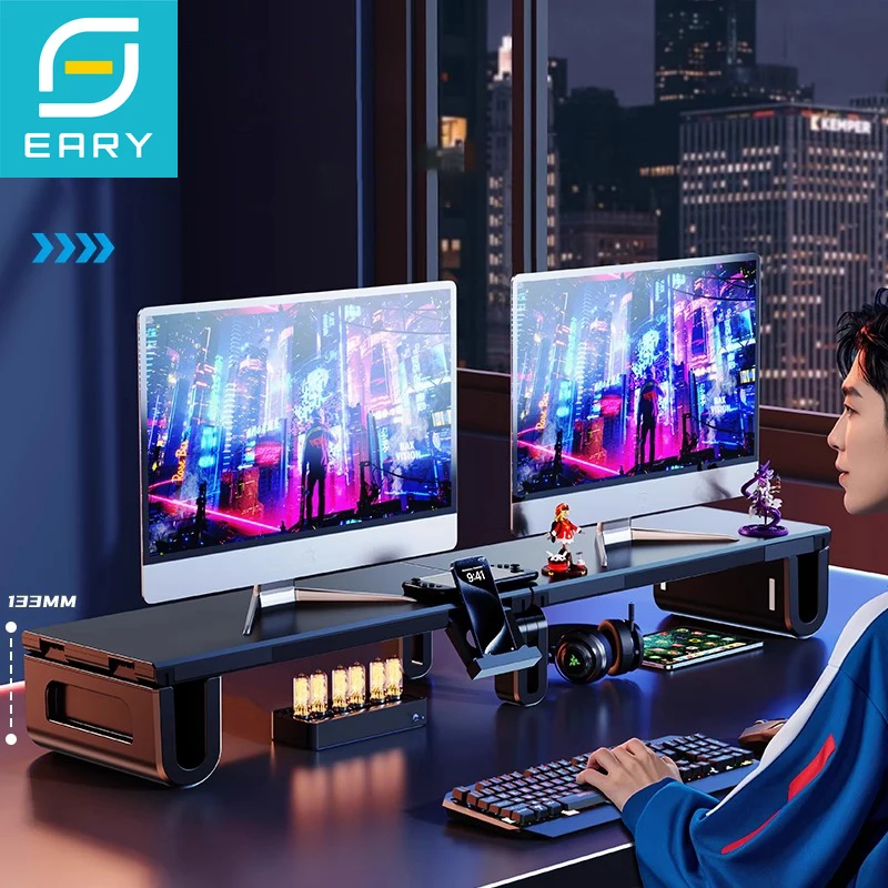 

Eary Dual Monitor Stand Riser Office Desktop Organizer Length Adjustable Extra Long Computer Laptop Shelf With 2 Phone Holders