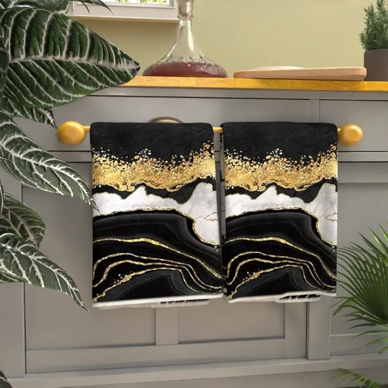 2Pcs abstract art towel with gold accents - soft, stylish and durable for the kitchen, bathroom or gym
