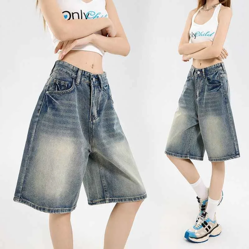 GG Casual Floral Print Loose Wide Leg Womens Jeans New American Retro Star Design Straight Leg Comfort Stretch Soft Denim Shorts