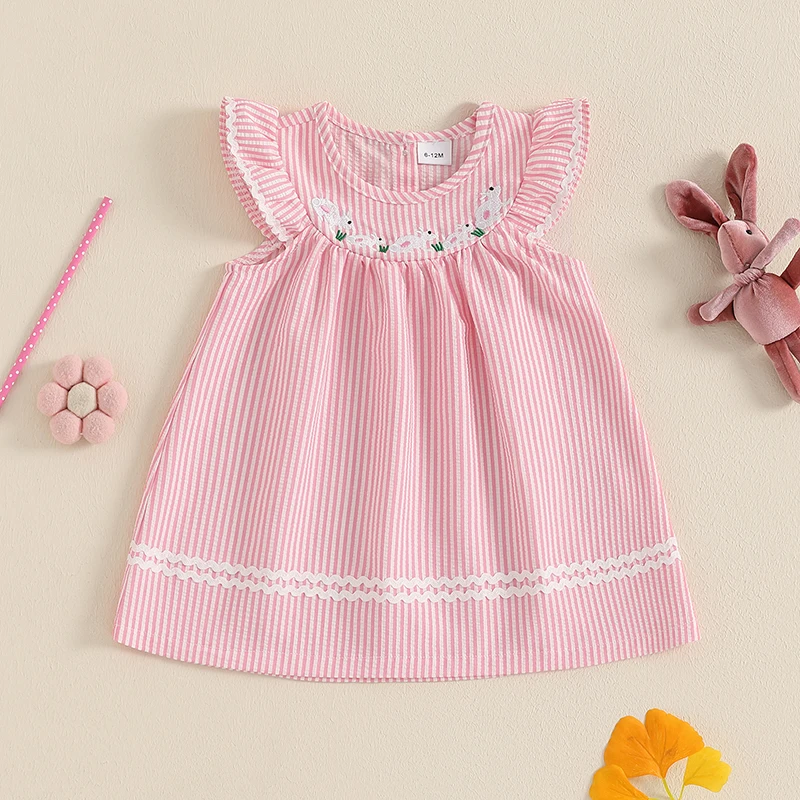 Girls Summer Dress with Flutter Sleeves Round Neckline and Cute Bunny Embroidery Featuring A-line Silhouette and Striped