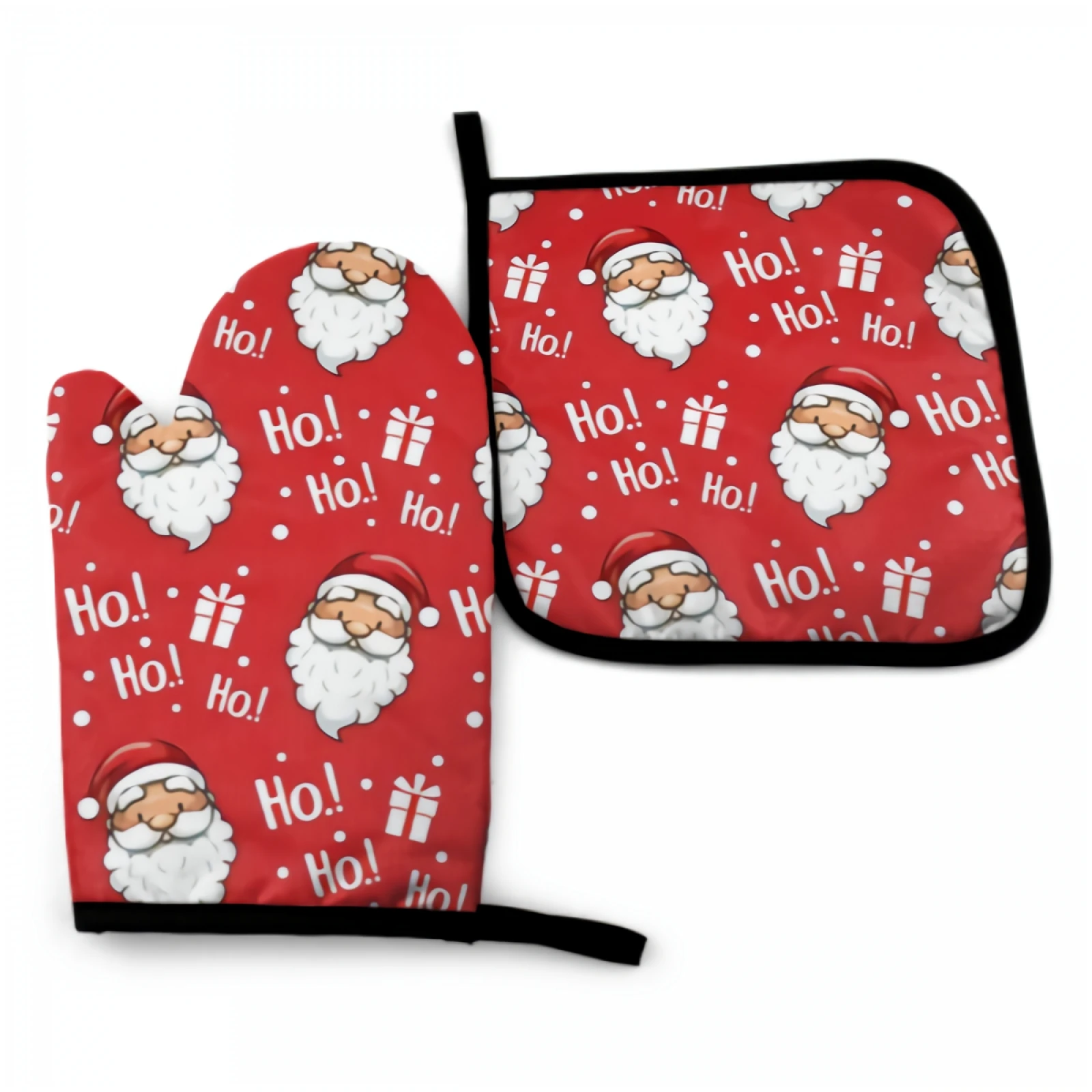 Christmas Santa Claus Oven Mitt and Pot holder Set Heat Resistant Non Slip Kitchen Glove with Inner Cotton Layer for Cooking BBQ