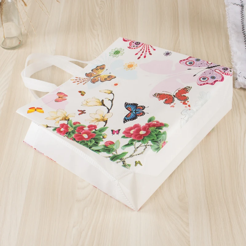 Butterfly Printing Folding Takeaway Bag Non-woven Fabric Film Coated Reusable Shopping Bag Travel Grocery Folding Bags