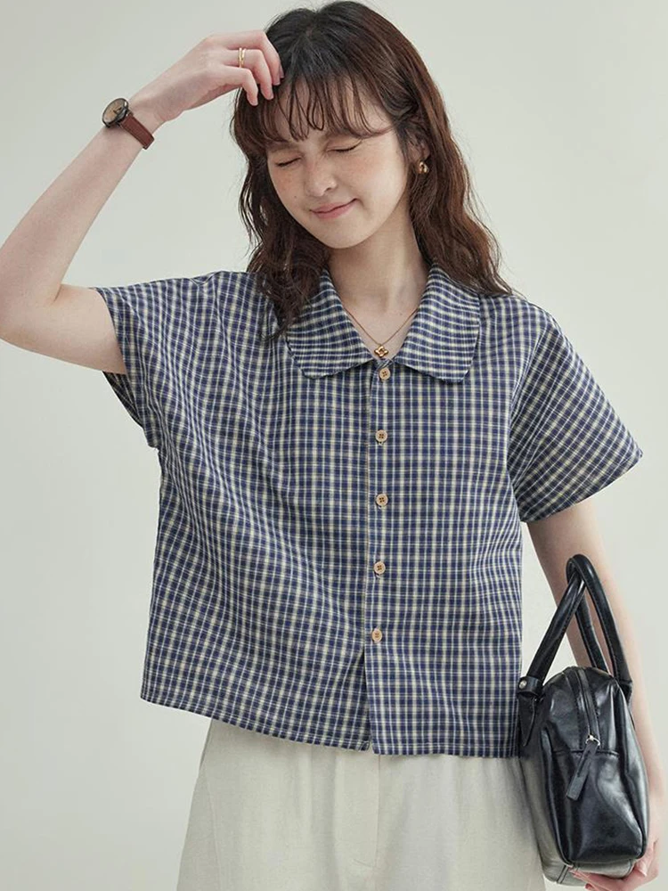 

Women Vintage Plaid Shirt Casual Loose Summer Short Sleeve Blouse American Preppy Style Female Simple Retro Buttons Tops