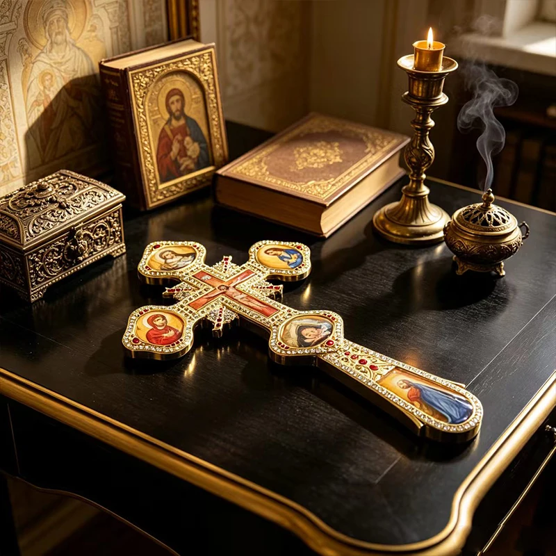 New Virgin Mary Orthodox Hand Cross Gold Icon Jesus Saints Golgotha Pearl Church Liturgical Blessing Byzantine Christian Gift