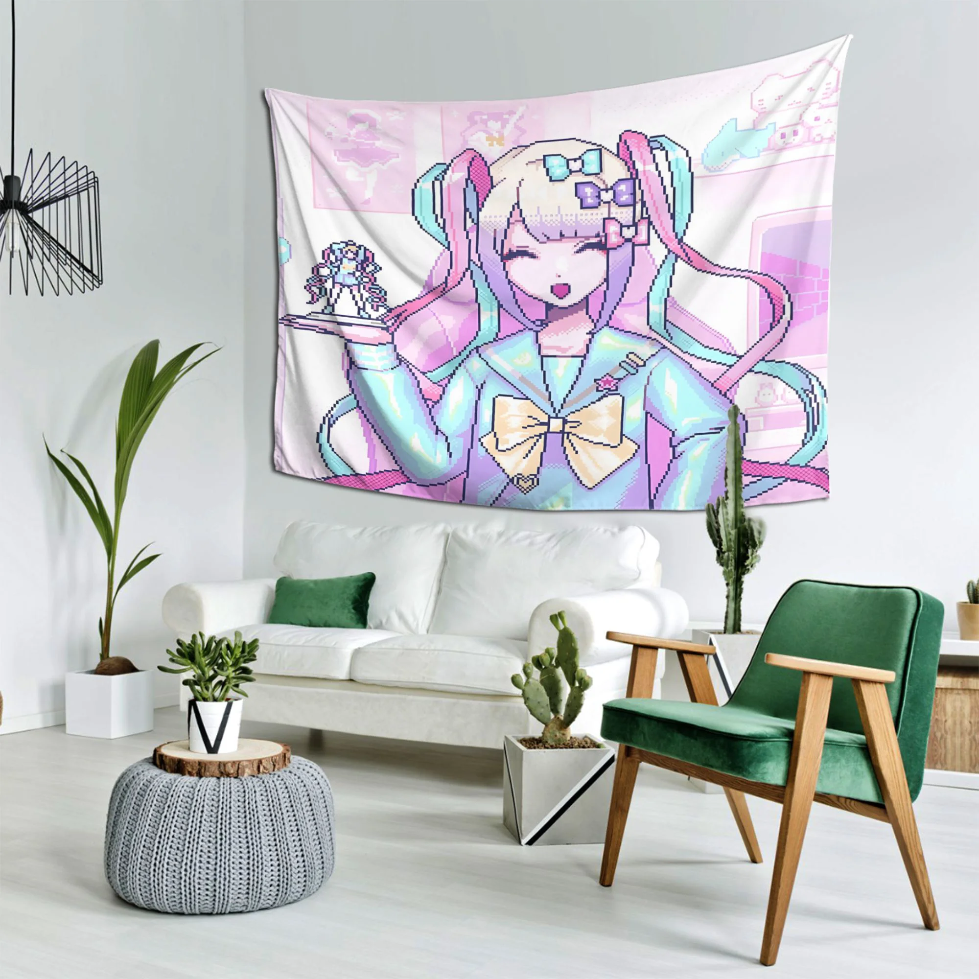 قطعة واحدة من نسيج K-AN-G-EL Nso Peach Light Beige - معلق على الحائط بنمط الرسوم المتحركة النابضة بالحياة مع شخصية شعر وردية، تصميم أزرق وأرجواني،