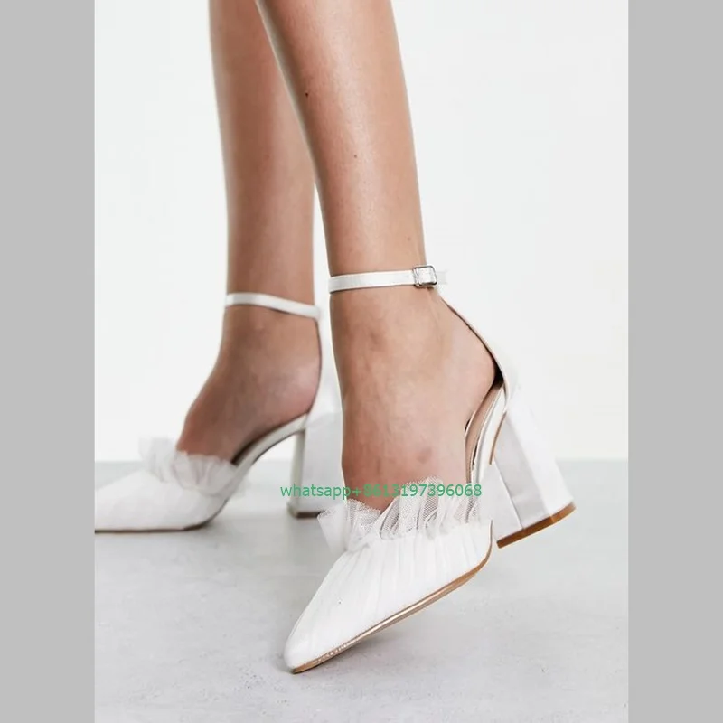 

Lady white mesh design chunky heel pumps pointed toe buckle high heels party elegant pumps Wedding shoes footwear size 35-46