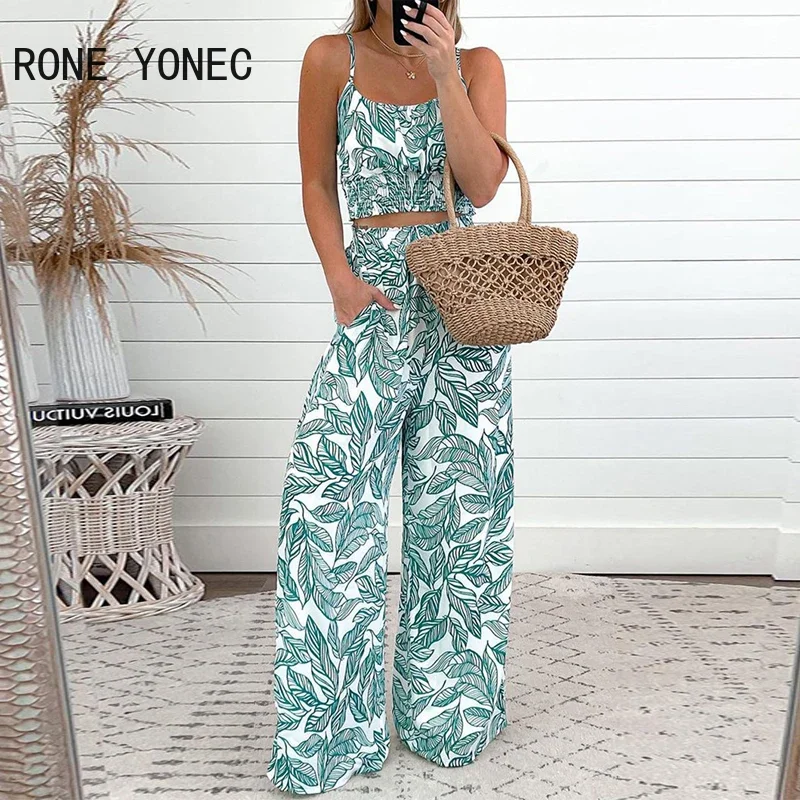 Women Chic Spaghetti Strap All Over Print Elastic Waist Vacation Sexy Pants Sets