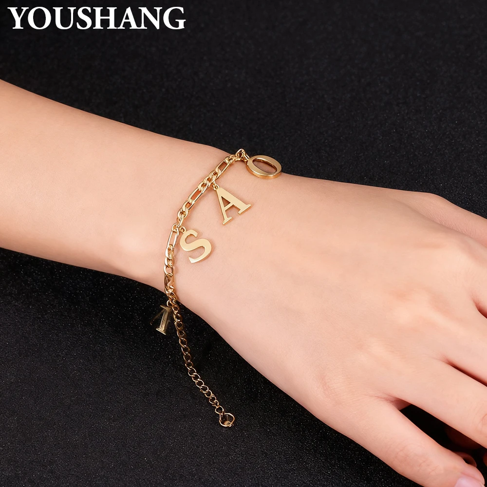 Personalized Stainless Steel Custom Name Bracelet with Capital Letter Pendant Family Couple Memorial Fashion Jewelry Gift