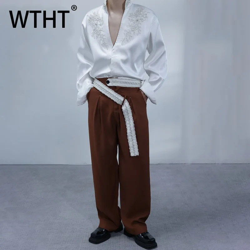 

WTHT модные мужские дизайнерские брюки с бусинами и поясом, модные широкие прямые брюки с высокой талией, мужские брюки, осень 2023, 2A2094