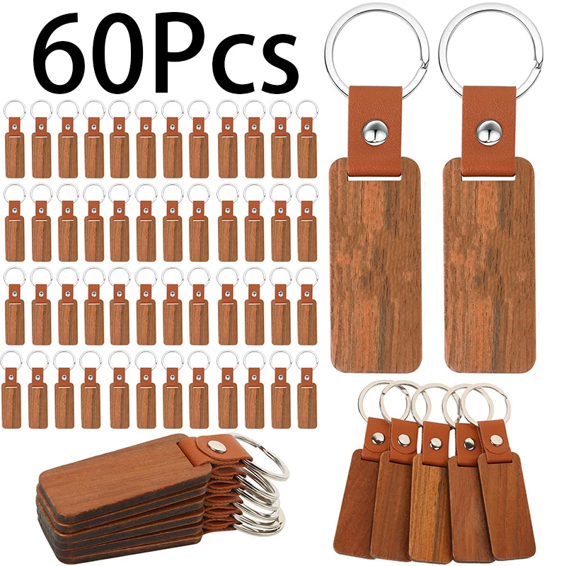 60Pcs DIY Souvenir Keychains Leather Blank Wood Keychains