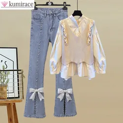 Autumn 2022 New Ruffle Long Sleeve Knitted Sweater Splice Shirt Bowknot Jeans Two Piece Elegant Women's Pants Set
