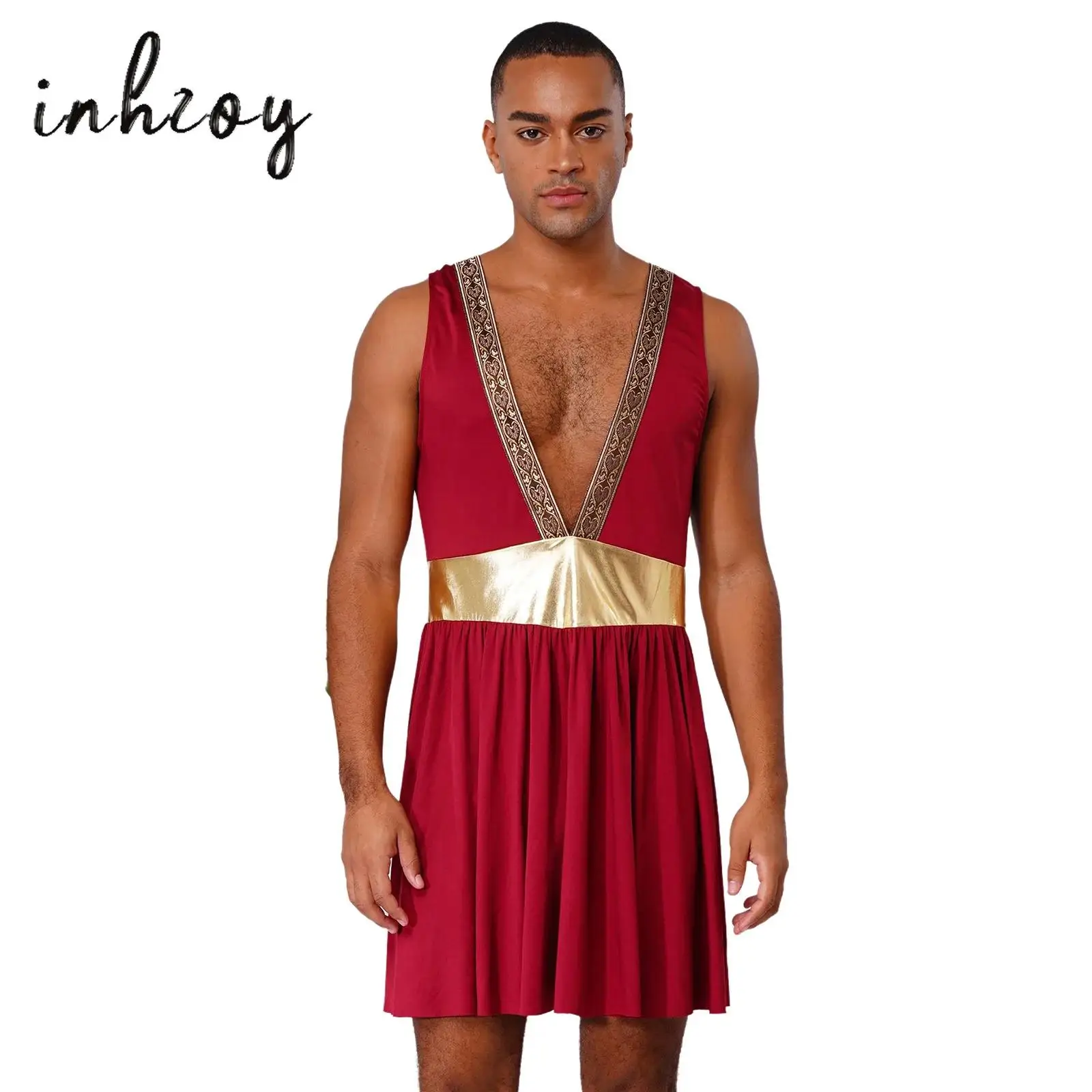 

Men Roman Greek Gladiator Cosplay Costume Deep V-Neck Sleeveless Metallic Waist Robe for Halloween Fancy Dress Ball Theme Party
