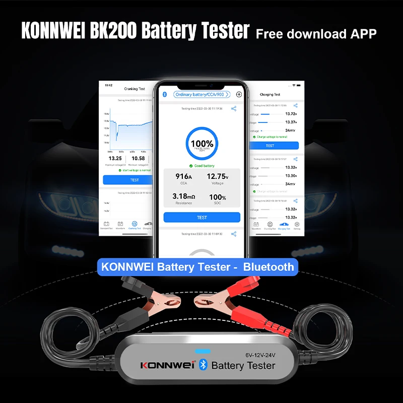 BK100/BK200 Car Battery Tester Bluetooth-Compatible Car Battery Resistance Detector 6V 12V 24V Charging Cranking Test Tools