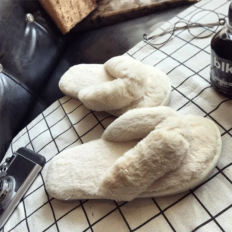 Cross Warm Fluffy Furry Slippers Women Lightweight Flat Heels Fur Slides Woman Autumn Winter Open Toe Non Slip Home Floor Shoes