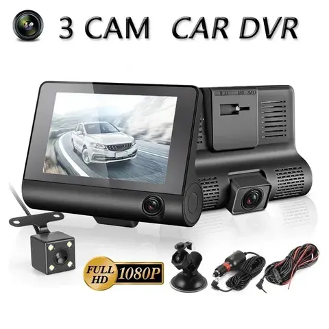 자동차 블랙박스 DVR 3 카메라 대시 캠 안드로이드 오토, 1080P 비디오 녹음기 블랙 박스, 4.0 인치 LCD 화면, 170 도 뷰, 자동차 액세서리