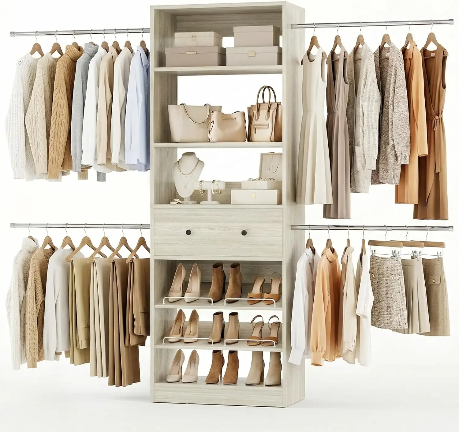 Wood Closet Organizer System - 4FT-9FT Expandable Wardrobe Closet with Drawer & 4 Hanging Rods, Heavy Duty Walk-in Closet 1000Lb