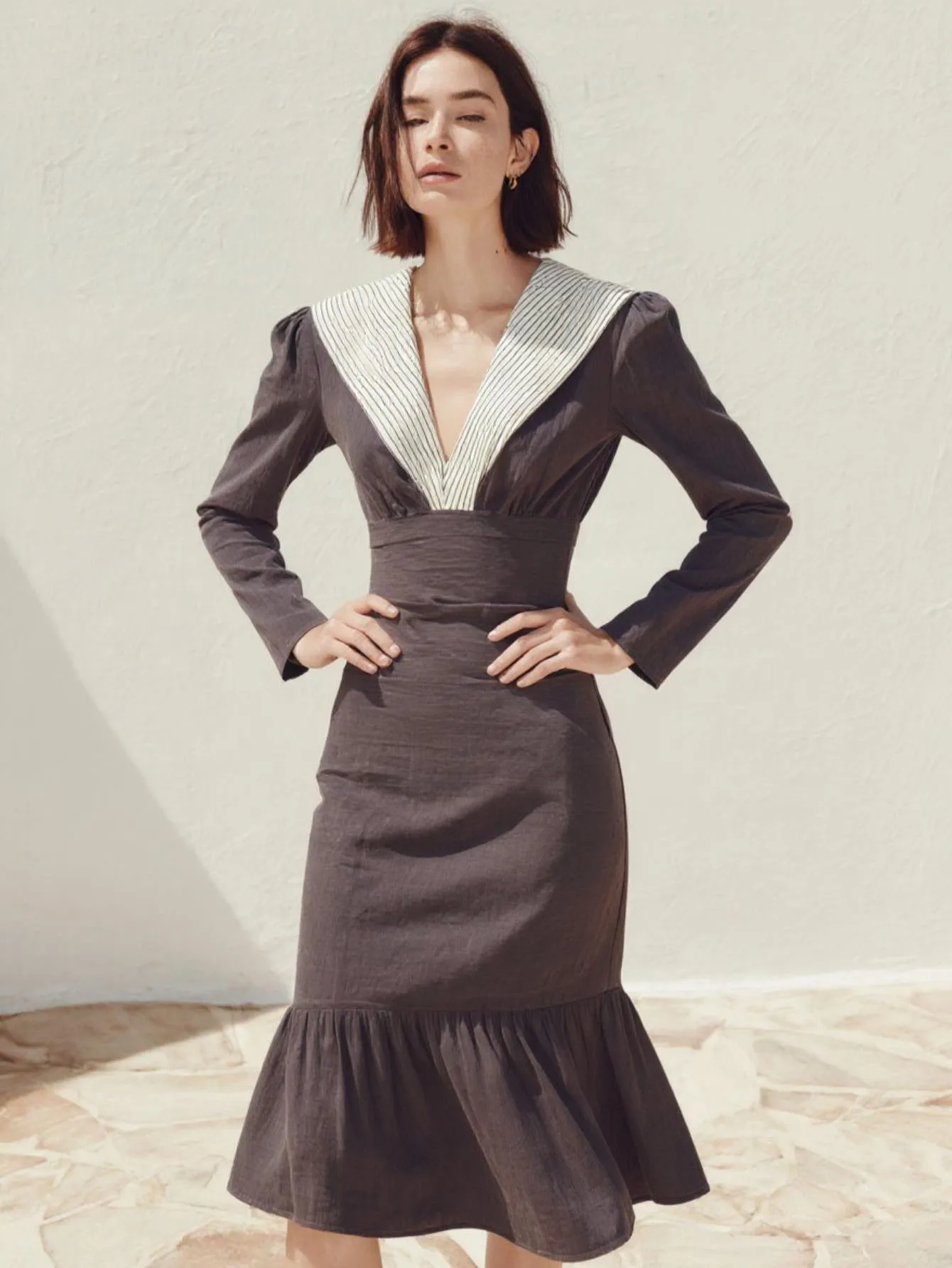 فساتين Mia Muse Boutique للصيف والخريف K-Fashion أنيقة بألوان متباينة وأكمام طويلة ورقبة على شكل حرف V فساتين طويلة متوسطة الطول للنساء