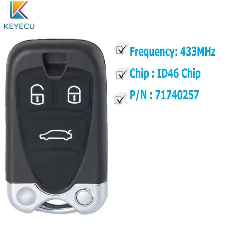 KEYECU Smart Remote Key Fob for  Alfa Romeo 159 Brera Spider 2005 2006 2007 2008 2009 2010 2011 433MHz PCF7926 ID46 PN: 7174025