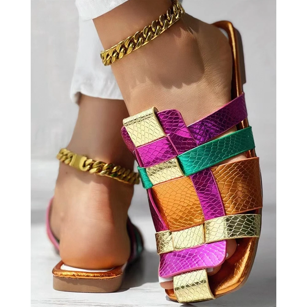Outdoor Summer Fashion Casual Going Out Sandals Shoes Rainbow Colorblock Square Toe Beach Slippers