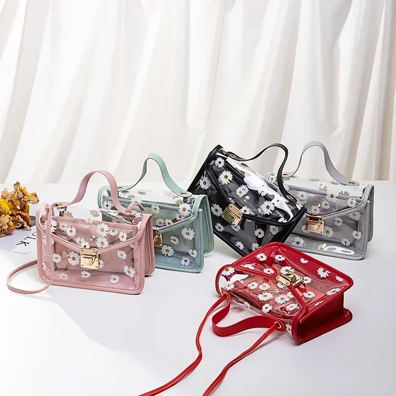 Fashion Transparent Daisy Pattern Shoulder Bag for Women Crossbody Casual Trendy Phone Chain Bag Handbag Designer 2pcs Set Bags