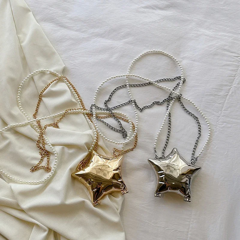 Metallo 2024 nuove borse per rossetto in metallo per le donne borsa a tracolla pentagramma moda borsa a tracolla con catena di perle decorazione da donna