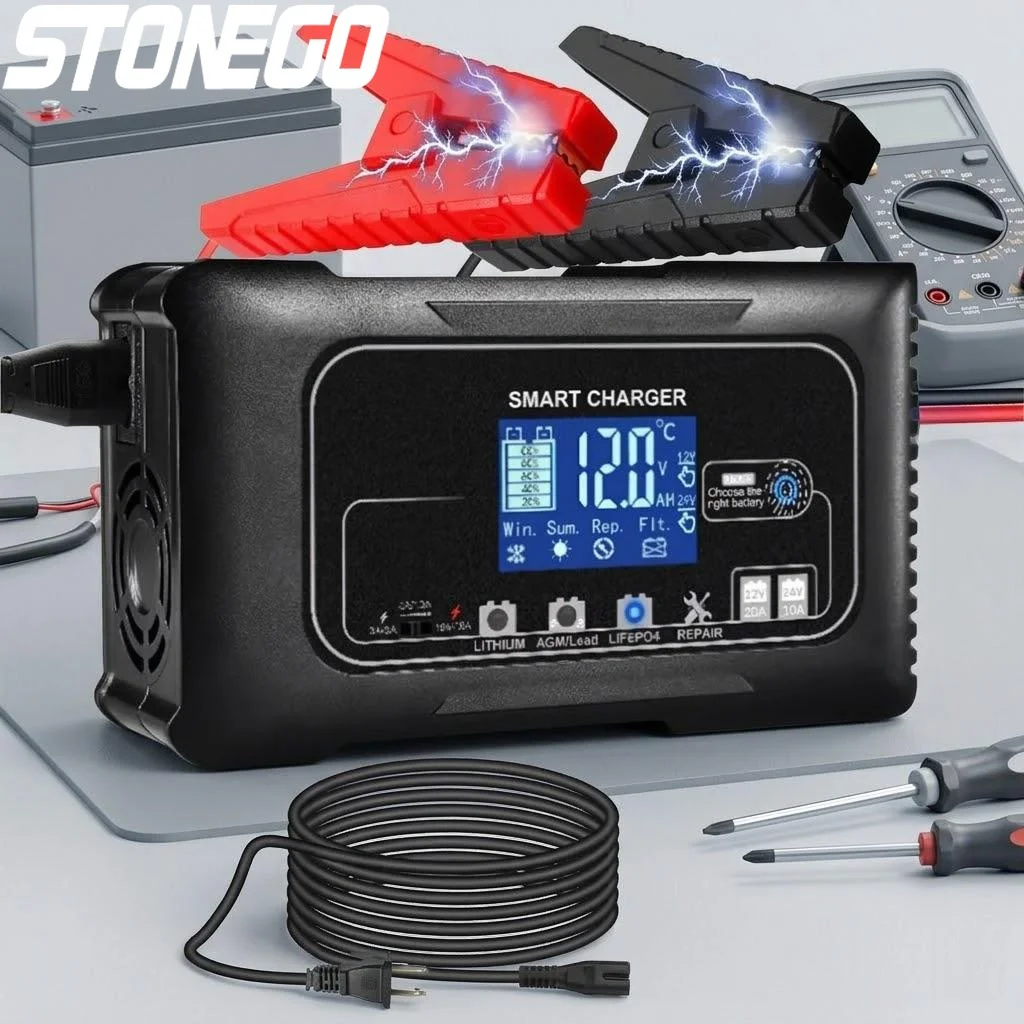 

20A LCD Battery Charger for 12V 24V Car ATV Motorcycle Boat Lead Acid AGM Gel Lithium Batteries Pulse Repair Maintainer