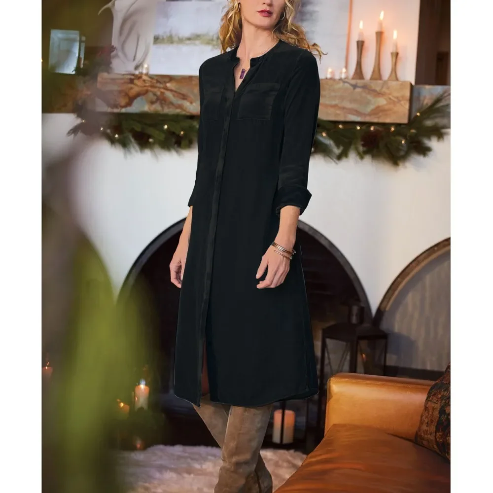 فستان قميص مخملي ذهبي جديد لربيع وصيف بأكمام طويلة للنساء فستان أنيق بحزام فضفاض بلون سادة فساتين نسائية أنيقة